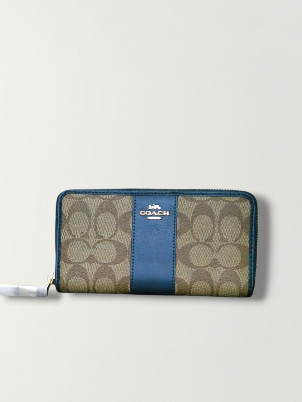 NEW Coach Signature Centered Stripe Zip Wallet in Khaki & Blue